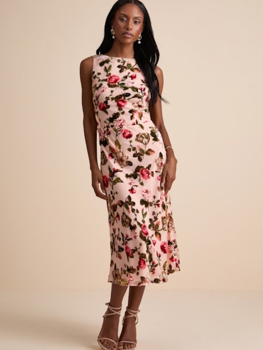 Lulus Florina Blush Floral Velvet Floral Burnout Cowl Back Midi Dress Pink